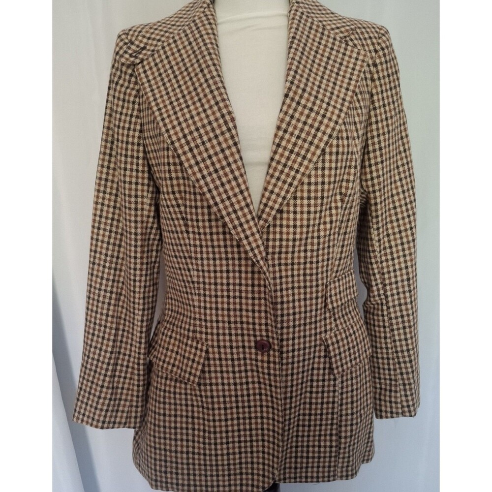 Vtg 70s Womens Brown Houndstooth Plaid Wool Blend Notch Lapel Blazer S